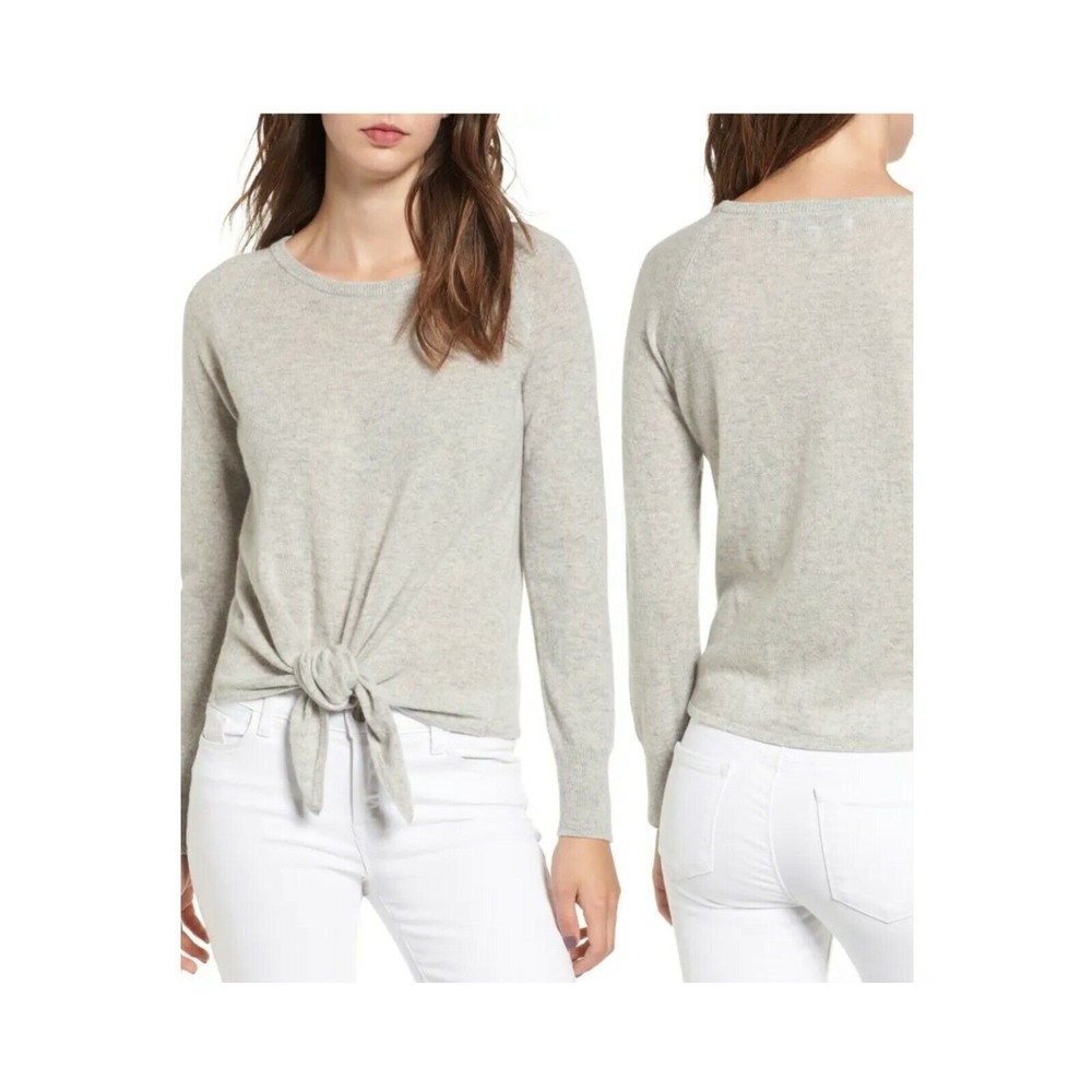 Womens Cashmere Sweater Top Size Medium Tie Front Crew Neck Heather Grey